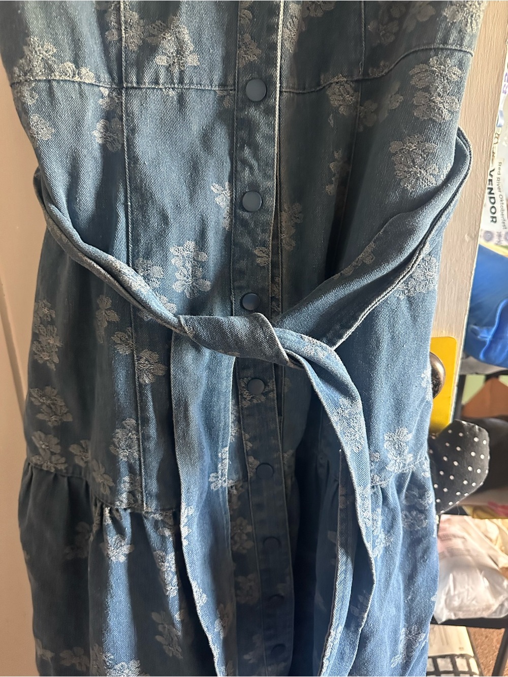Solitaire Floral Denim Midi Dress Denim Floral Button-Front Dress with Waist Tie - Picture 3 of 13